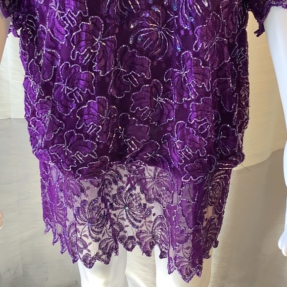 Brilliante By J.A. Purple Sequin Beaded Short Sleeve High Neck Tunic Top Sz L - Picture 4 of 12